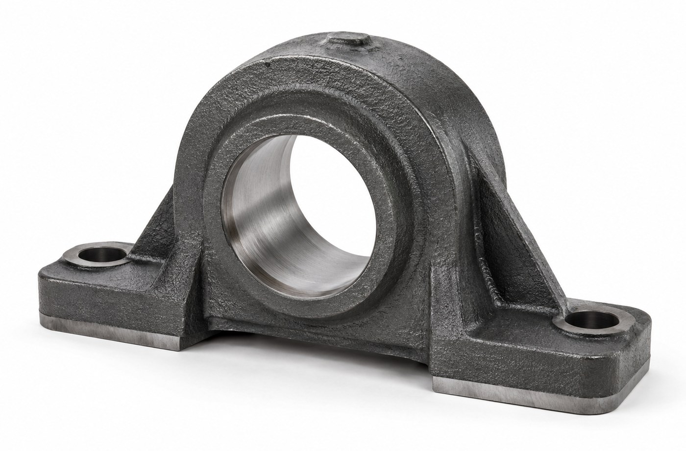 Cast bearing support with machined bore for industrial machinery
