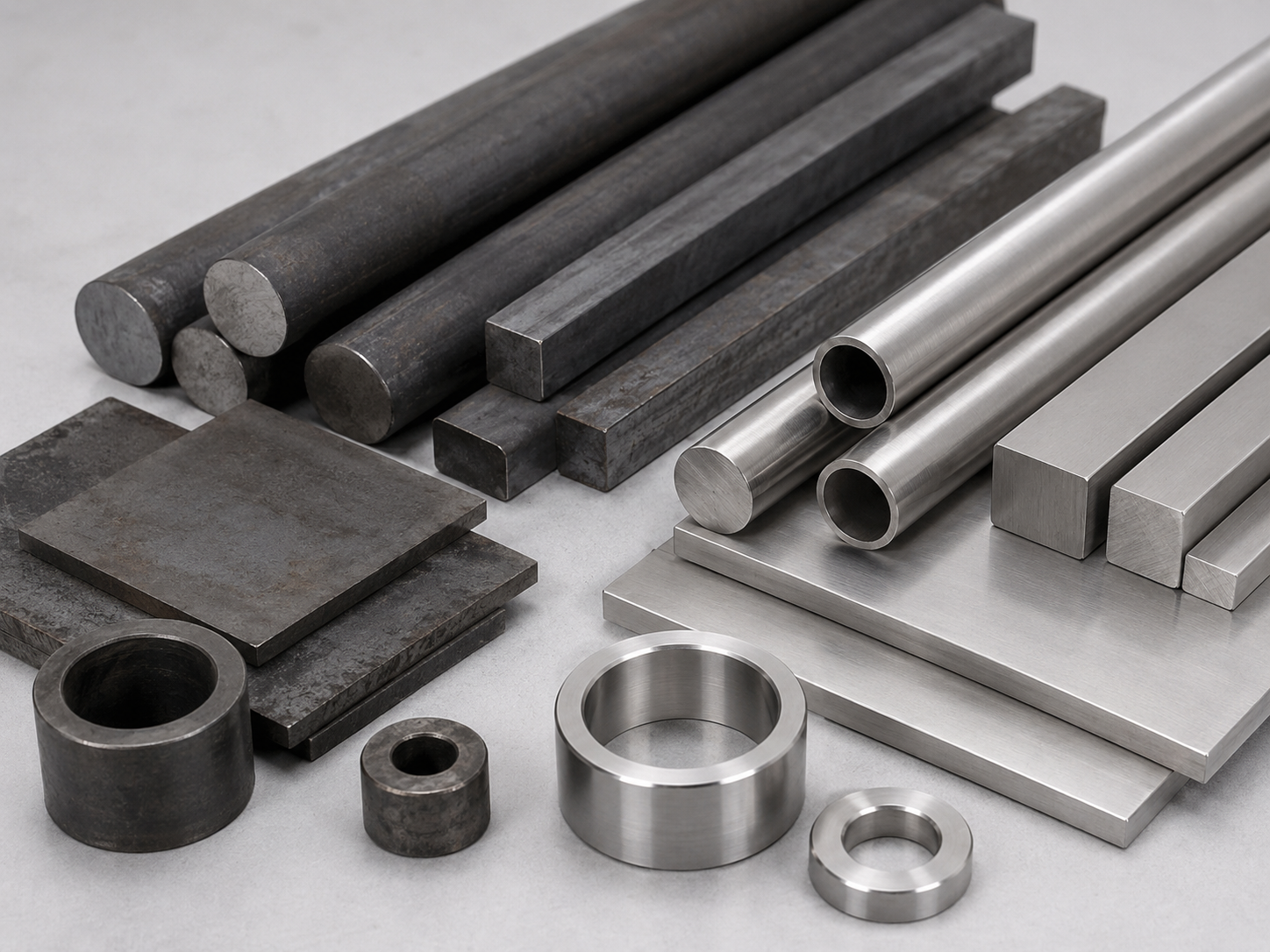Raw steel bars plates tubes and machined rings for material selection