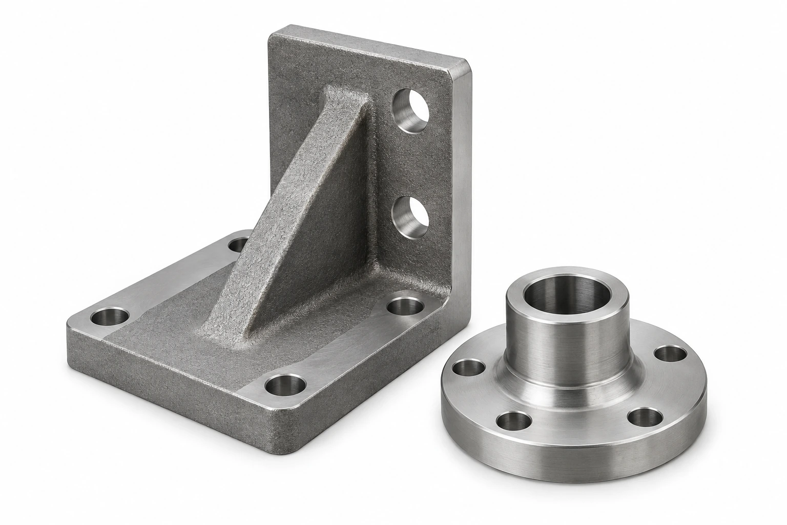 AI illustration of a custom cast mounting bracket and machined flanged hub on white