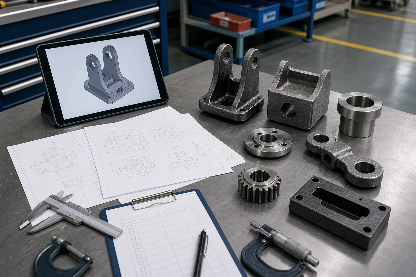 Dimensional inspection and engineering review table for custom metal parts