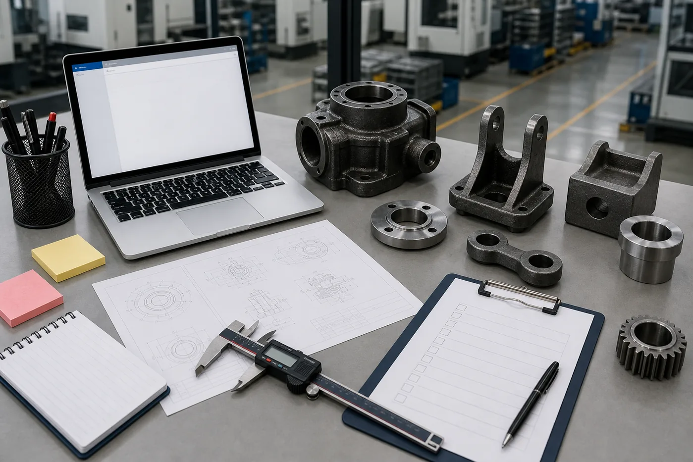 RFQ clarification table with drawings and machined sample parts