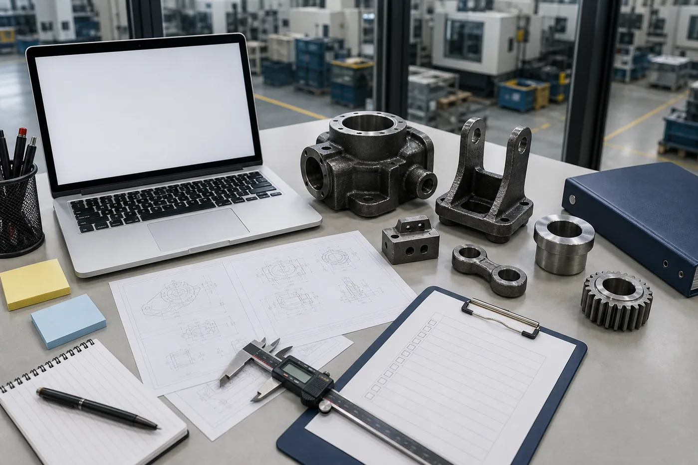 RFQ question review table with drawings and metal part samples