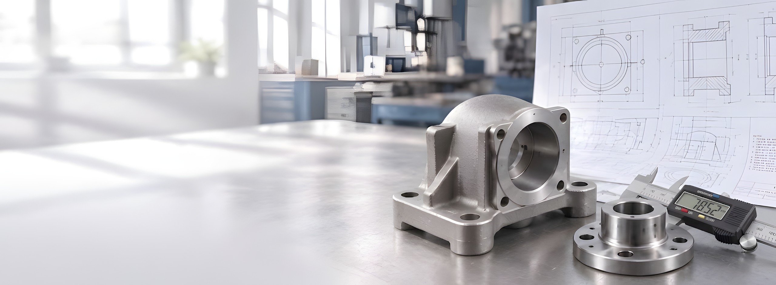 AI-generated industrial illustration of cast components on a workbench with drawings