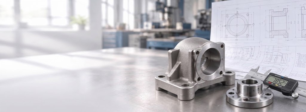 AI-generated industrial illustration of cast components on a workbench with drawings
