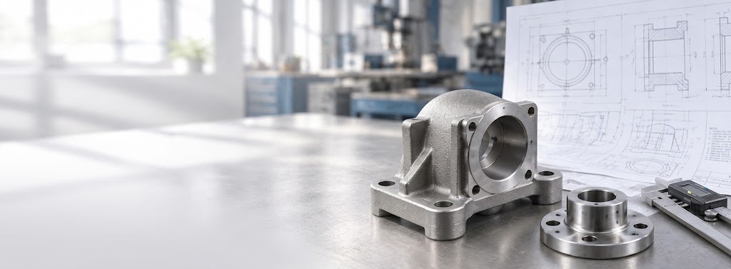 AI-generated industrial illustration of cast components on a workbench with drawings