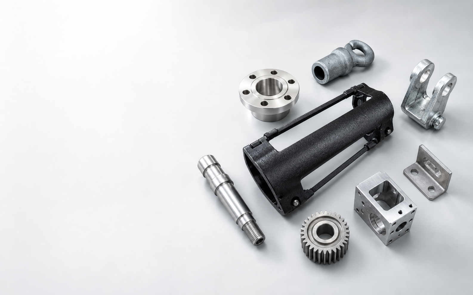 Black painted, galvanized, cast, and machined custom metal parts arranged for RFQ review