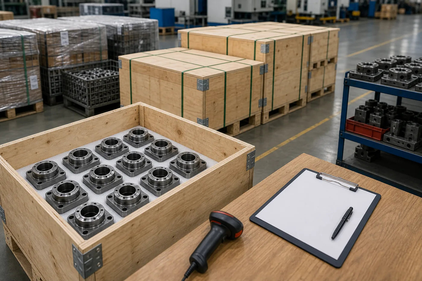 Packed custom metal parts inspection before overseas shipment