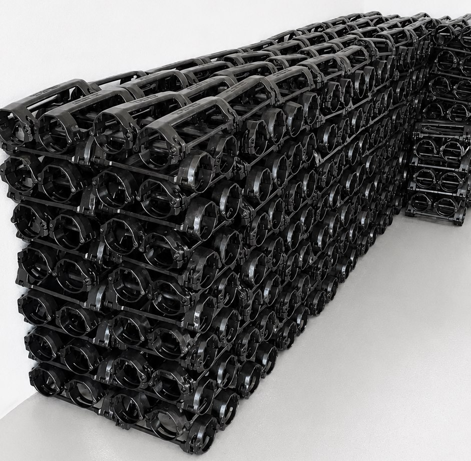 Batch of black oilfield cable protector castings stacked for inspection