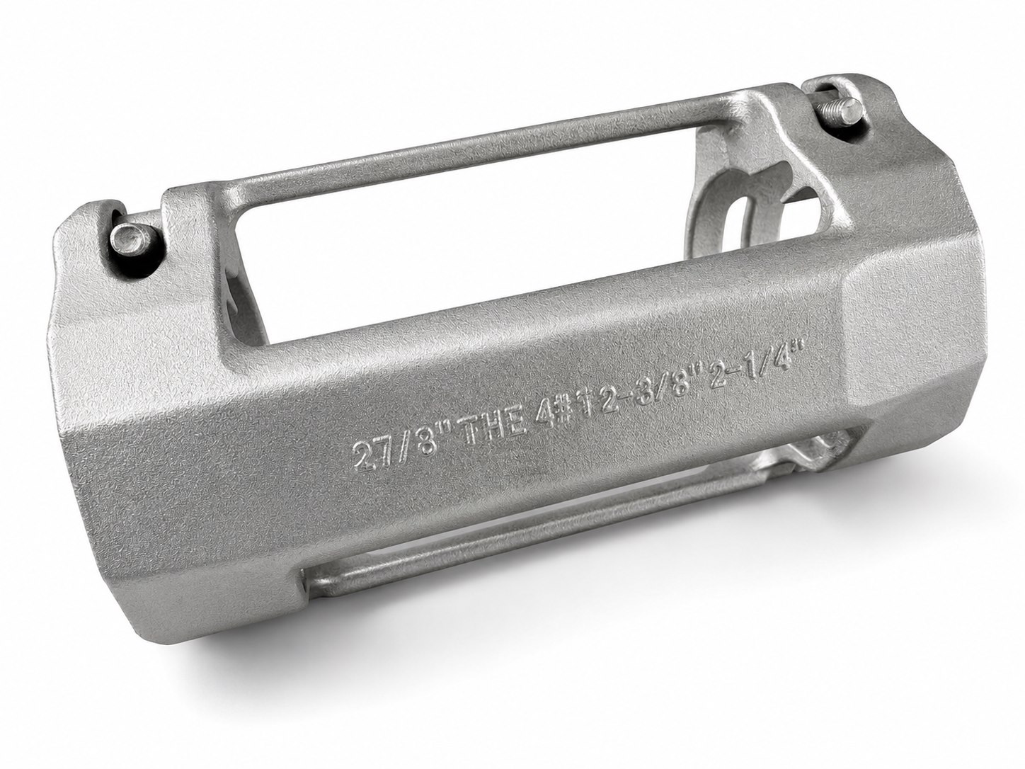 Silver oilfield cable protector with marked body and hinge details
