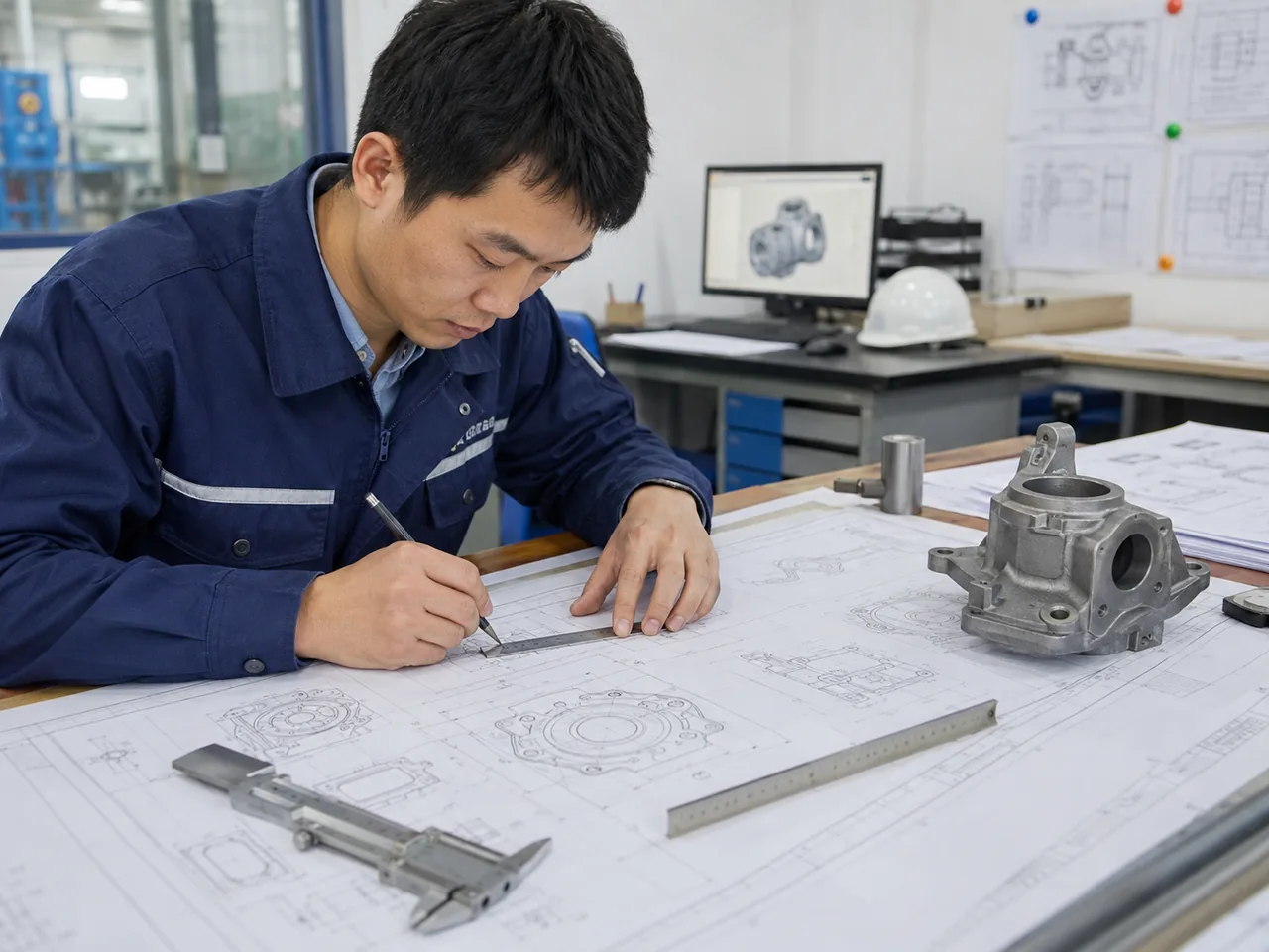Engineer reviewing custom casting drawings and a cast metal housing for quotation