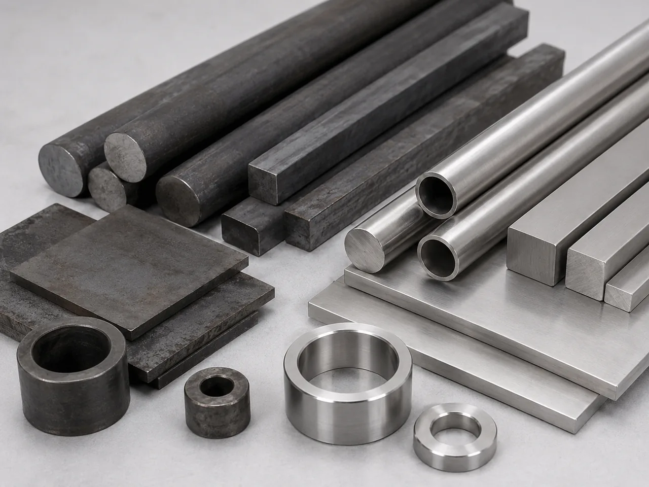 Raw steel bars plates tubes and machined rings for material selection