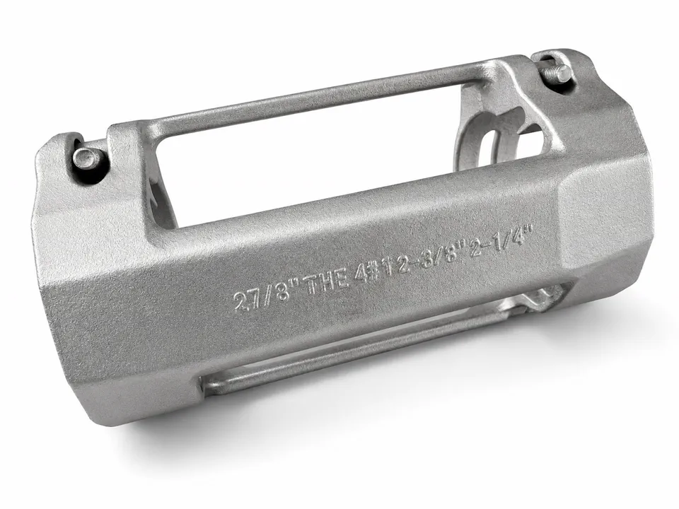 Silver oilfield cable protector with marked body and hinge details