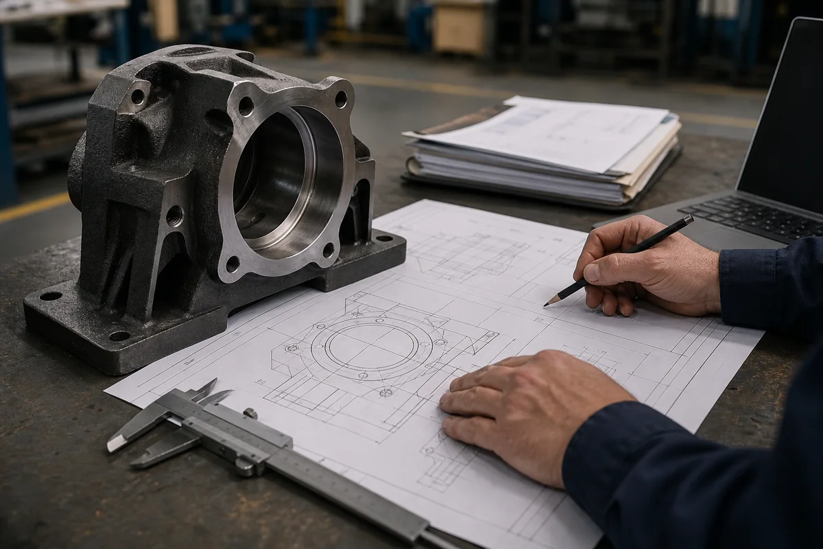 Engineer reviewing a cast metal housing and technical drawing for RFQ preparation