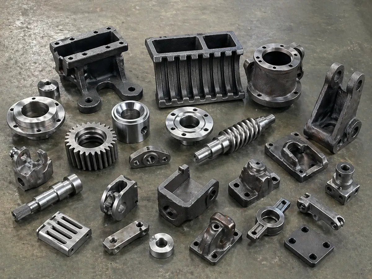 Black painted, galvanized, cast, and machined custom metal parts arranged for RFQ review