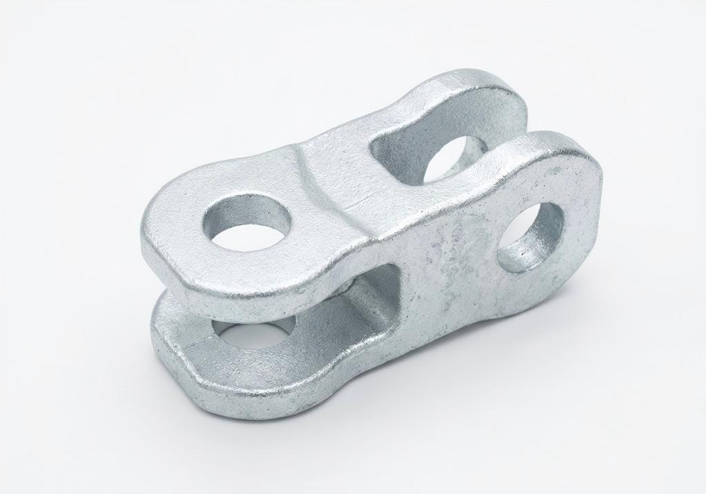 Galvanized clevis-style power line hardware sample on white background
