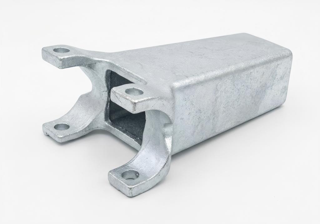 Galvanized utility hardware component body on white background