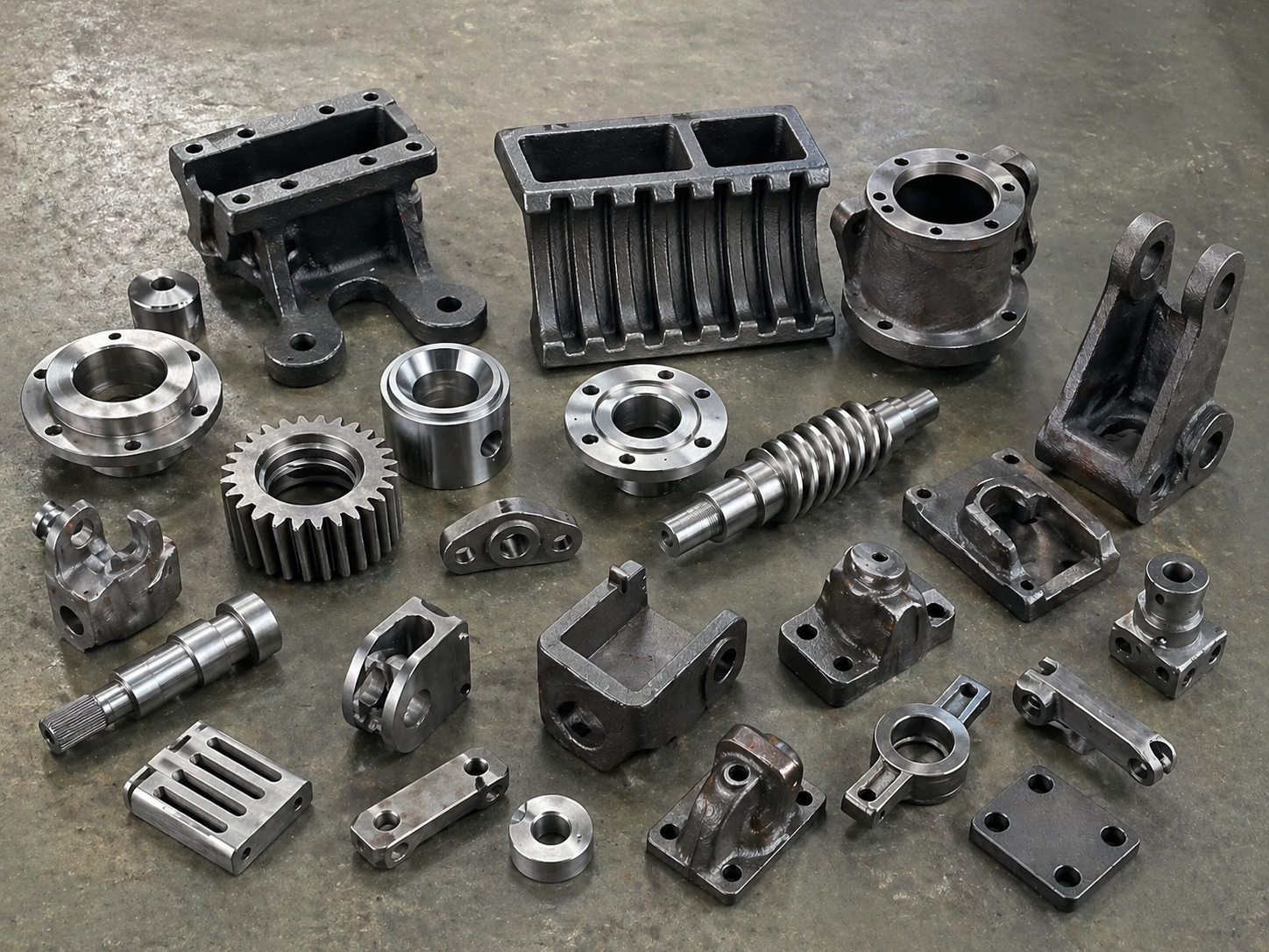 Black painted, galvanized, cast, and machined custom metal parts arranged for RFQ review